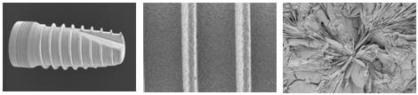 REM-Aufnahmen der BONIT®-Oberfläche REM-Aufnahmen der BONIT®-Oberfläche (subtraktive Oberfläche, die durch Strahlen mit Hydroxylapatit (HA) und anschließender doppelter Säureätzung generiert wird)