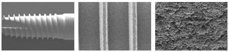 SEM pictures of the CELLTex® surface (surface created by a blasting process with corundum particles followed by an acid echting process)